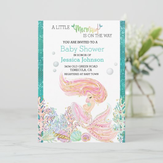 Baby shower van kleine zeemeermin Waterverf Glitte Kaart (Staand voorkant)