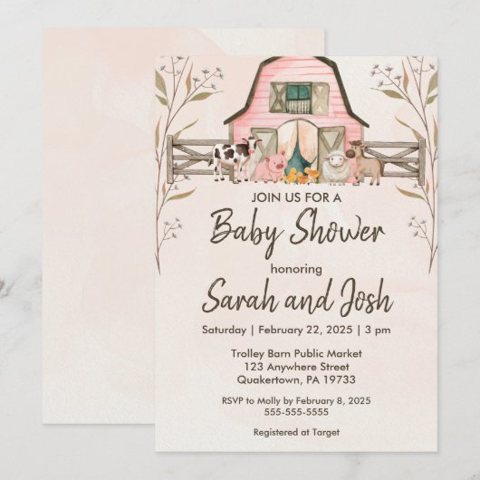 Baby shower van landbouwhuisdieren kaart (Voorkant / Achterkant)