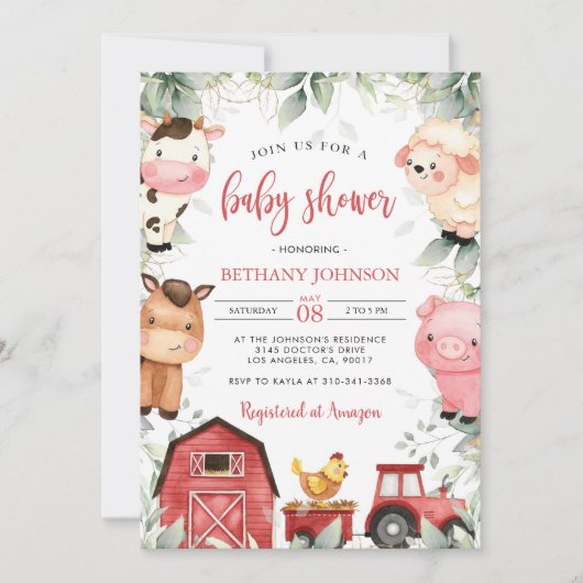 Baby shower van landbouwhuisdieren kaart (Voorkant)