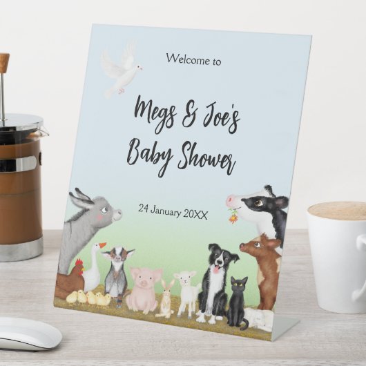 Baby shower van landbouwhuisdieren welkom voetteke reclamebord met voetstuk (Insitu)