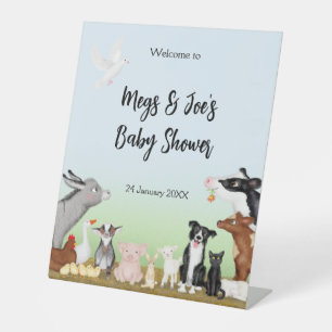 Baby shower van landbouwhuisdieren welkom voetteke reclamebord met voetstuk
