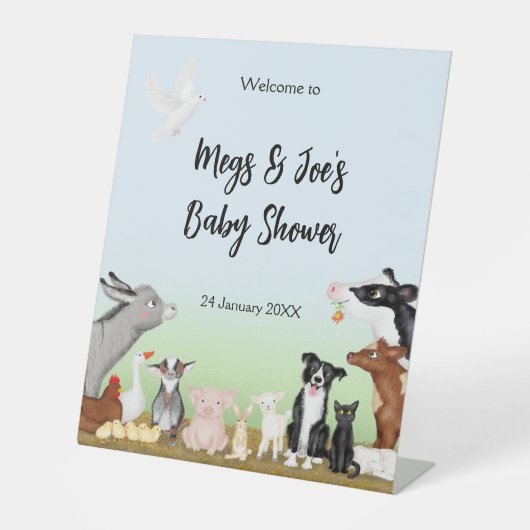 Baby shower van landbouwhuisdieren welkom voetteke reclamebord met voetstuk (Voorkant)