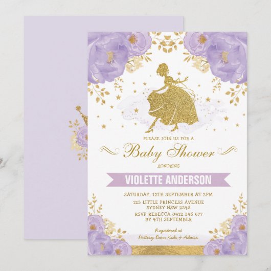 Baby shower van Lavender Floral Gold Royal Princes Kaart (Voorkant / Achterkant)
