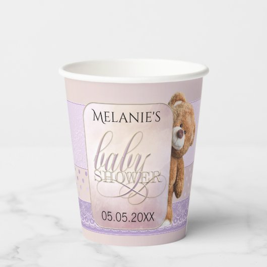 Baby shower van Lila Teddy Bear, zoet Peach Papieren Bekers (Achterkant)