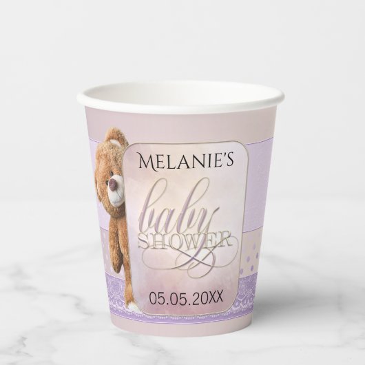 Baby shower van Lila Teddy Bear, zoet Peach Papieren Bekers (Voorkant)