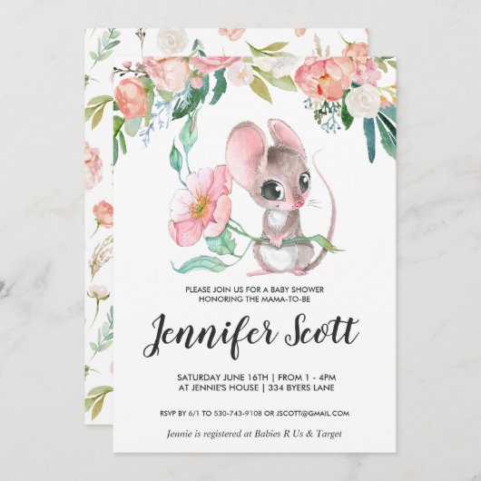 Baby shower van Little Floral Mouse Kaart (Voorkant / Achterkant)