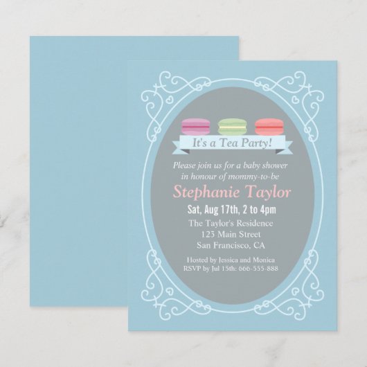 Baby shower van Macaron Tea Party, blauw en grijs Kaart (Voorkant / Achterkant)