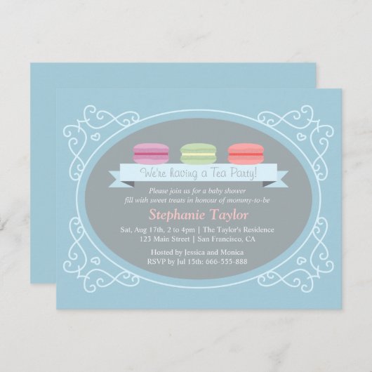 Baby shower van Macaron Tea Party, blauw en grijs Kaart (Voorkant / Achterkant)