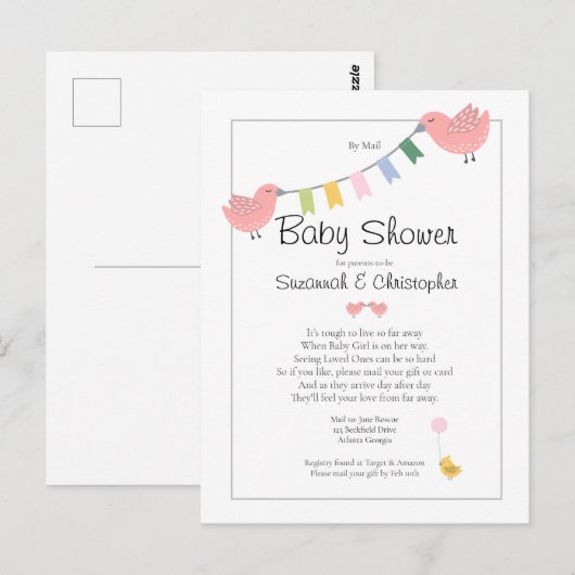 Baby shower van Mail Girl Pink Birds Briefkaart (Voorkant / Achterkant)