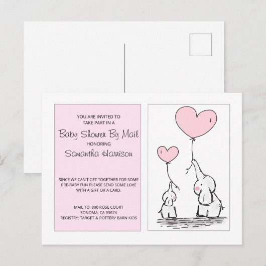 Baby shower van Mail Mam Baby Elephants Pink Uitnodiging Briefkaart (Voorkant / Achterkant)