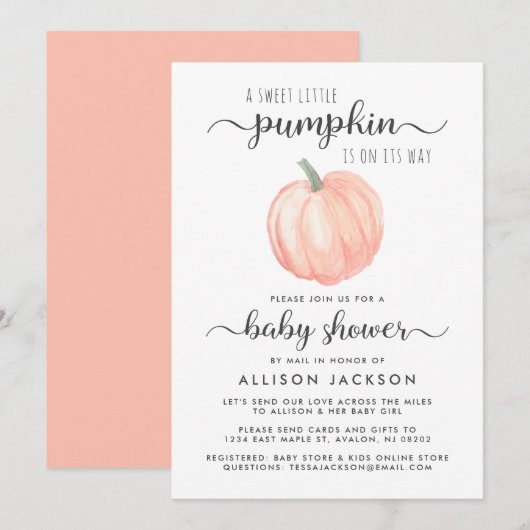 Baby shower van Mail Pumpkin Oranje Waterverf Kaart (Voorkant / Achterkant)