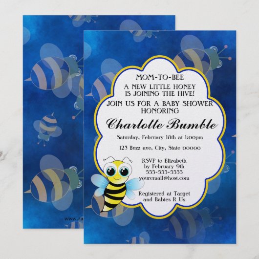 Baby shower van mam tot bijenblauw en gele unisex kaart (Voorkant / Achterkant)
