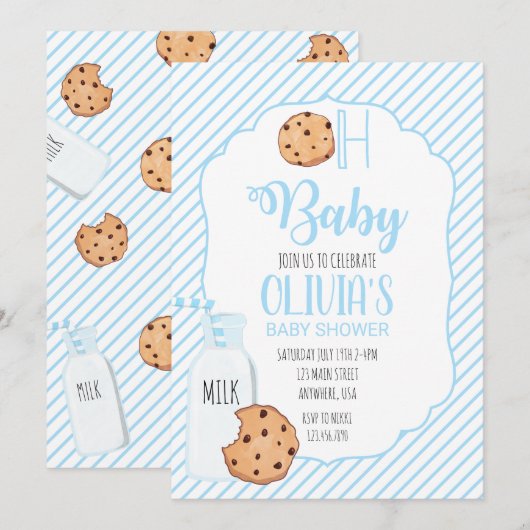 Baby shower van melk en koekjes blauw kaart (Voorkant / Achterkant)