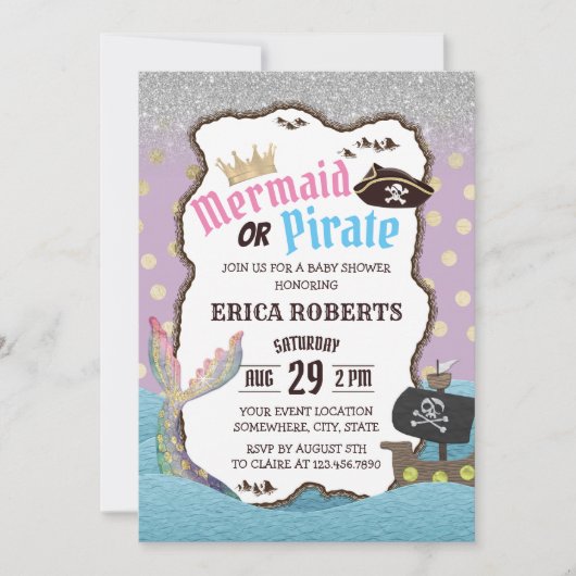 Baby shower van Mermaid of Pirate Paarse en Gold S Kaart (Voorkant)