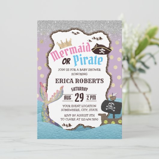 Baby shower van Mermaid of Pirate Paarse en Gold S Kaart (Staand voorkant)