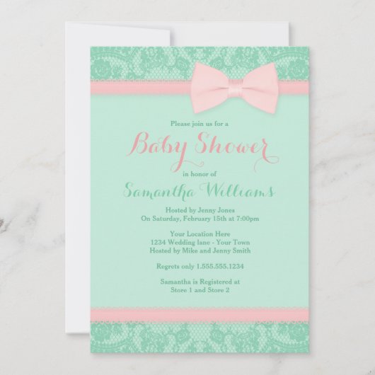 Baby shower van Mint en Roze kant en Bow Kaart (Voorkant)