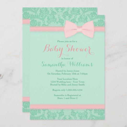 Baby shower van Mint en Roze kant en Bow Kaart (Voorkant / Achterkant)