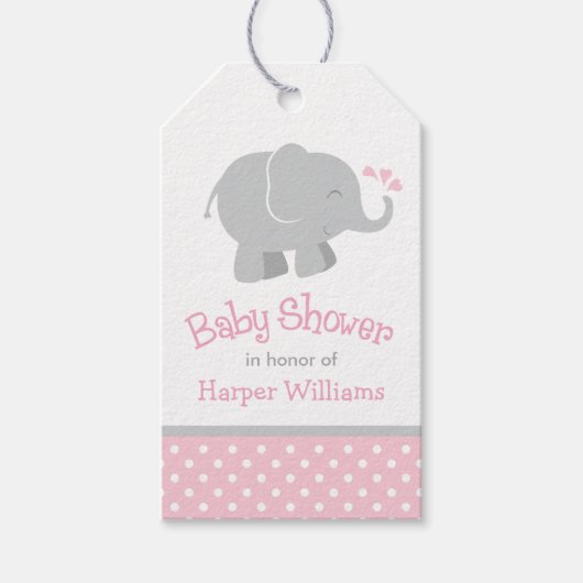 Baby shower van moderne roze en grijze olifanten cadeaulabel (Voorkant)