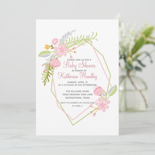 Baby shower van mooie roze Floral-Geometric Girl Kaart (Staand voorkant)