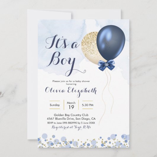 Baby shower van Navy Blue en Gold Balloon Kaart (Voorkant)