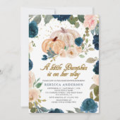 Baby shower van Navy Blue en Peach Floral Pumpkin Kaart (Voorkant)