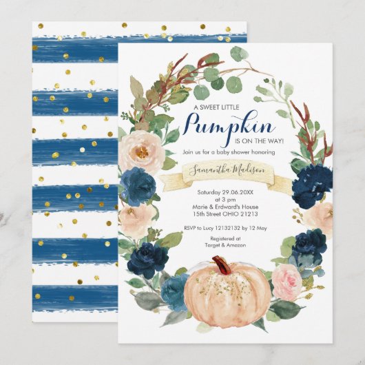 Baby shower van Navy Blue en White Pumpkin Kaart (Voorkant / Achterkant)