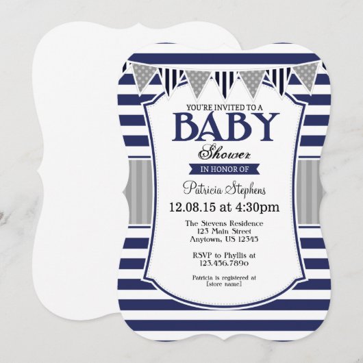 Baby shower van Navy Blue Grey Stripes Kaart (Voorkant / Achterkant)