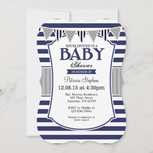 Baby shower van Navy Blue Grey Stripes Kaart (Voorkant)