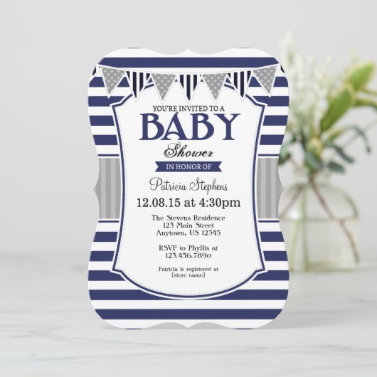 Baby shower van Navy Blue Grey Stripes Kaart (Staand voorkant)