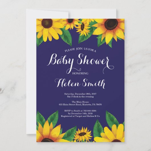 Baby shower van Navy Blue Sunflower Kaart (Voorkant)