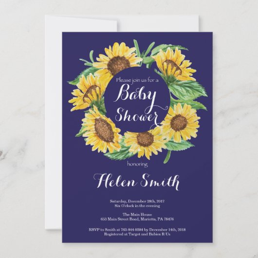 Baby shower van Navy Blue Sunflower Kaart (Voorkant)