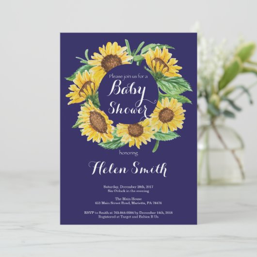 Baby shower van Navy Blue Sunflower Kaart (Staand voorkant)