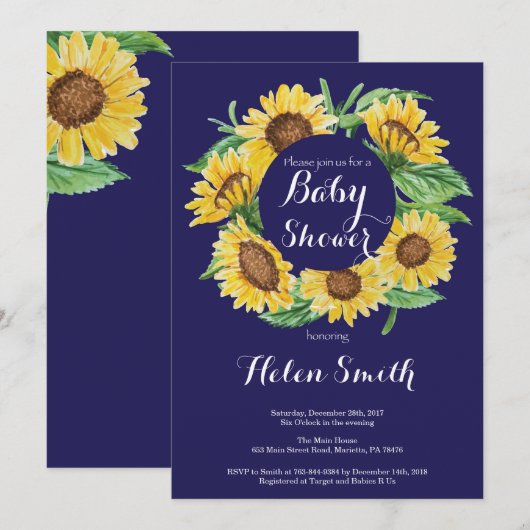 Baby shower van Navy Blue Sunflower Kaart (Voorkant / Achterkant)