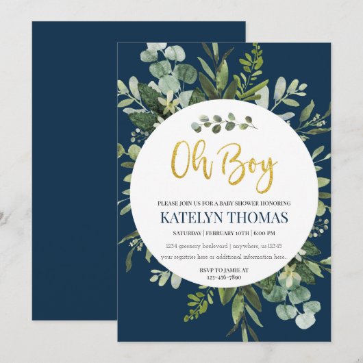 Baby shower van Navy en Greenery Wreath Boy Kaart (Voorkant / Achterkant)