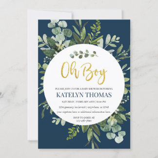 Baby shower van Navy en Greenery Wreath Boy Kaart
