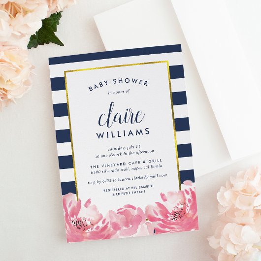 Baby shower van Navy Stripe en Pink Peony Kaart