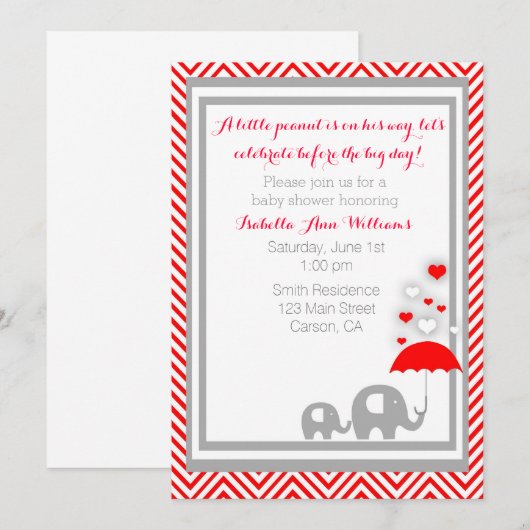 baby shower van olifanten Uitnodiging - Rood en gr (Voorkant / Achterkant)