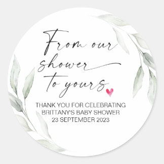 Baby shower van onze douche aan uw partijgunst ronde sticker