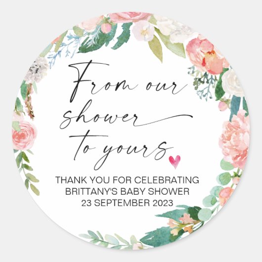 Baby shower van onze douche aan uw partijgunst ronde sticker (Voorkant)