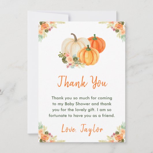 Baby shower van Oranje en groene pompoenen Bedankkaart (Voorkant)