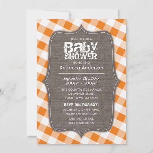 Baby shower van Oranje en wit Gingham Canvas Kaart (Voorkant)