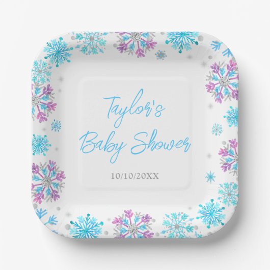 Baby shower van Paarse en blauwe sneeuwvlokken Papieren Bordje (Voorkant)