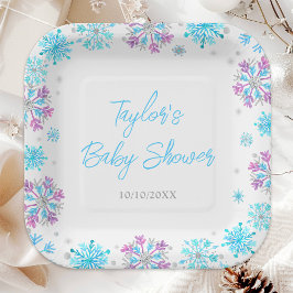 Baby shower van Paarse en blauwe sneeuwvlokken Papieren Bordje