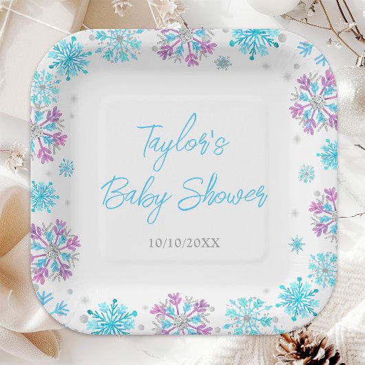 Baby shower van Paarse en blauwe sneeuwvlokken Papieren Bordje