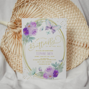 Baby shower van Paarse en goudvlasvlinder Kaart