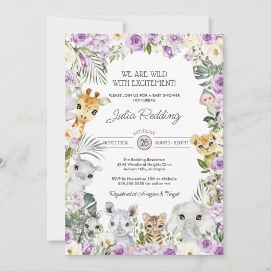 Baby shower van Paarse wilde Oerwouden Safari Kaart (Voorkant)