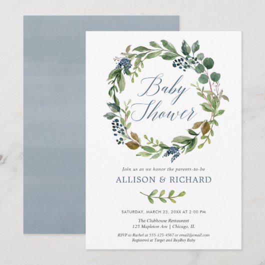 Baby shower van paren, genderneutraal groen blauw kaart (Voorkant / Achterkant)