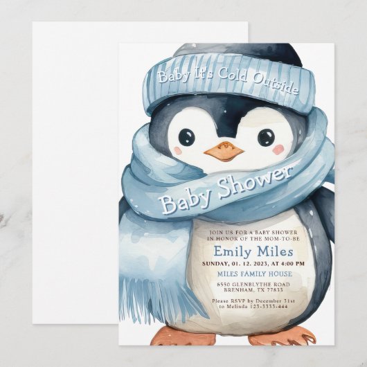 Baby shower van Penguin Winter Boy Kaart (Voorkant / Achterkant)