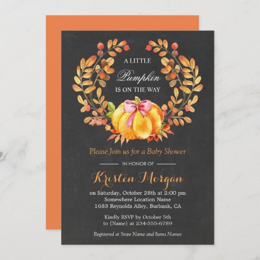 Baby shower van pompoen | Herfstelijk Chalkboard Kaart (Voorkant / Achterkant)