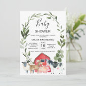 Baby shower van rode schuur, weidedieren kaart (Staand voorkant)